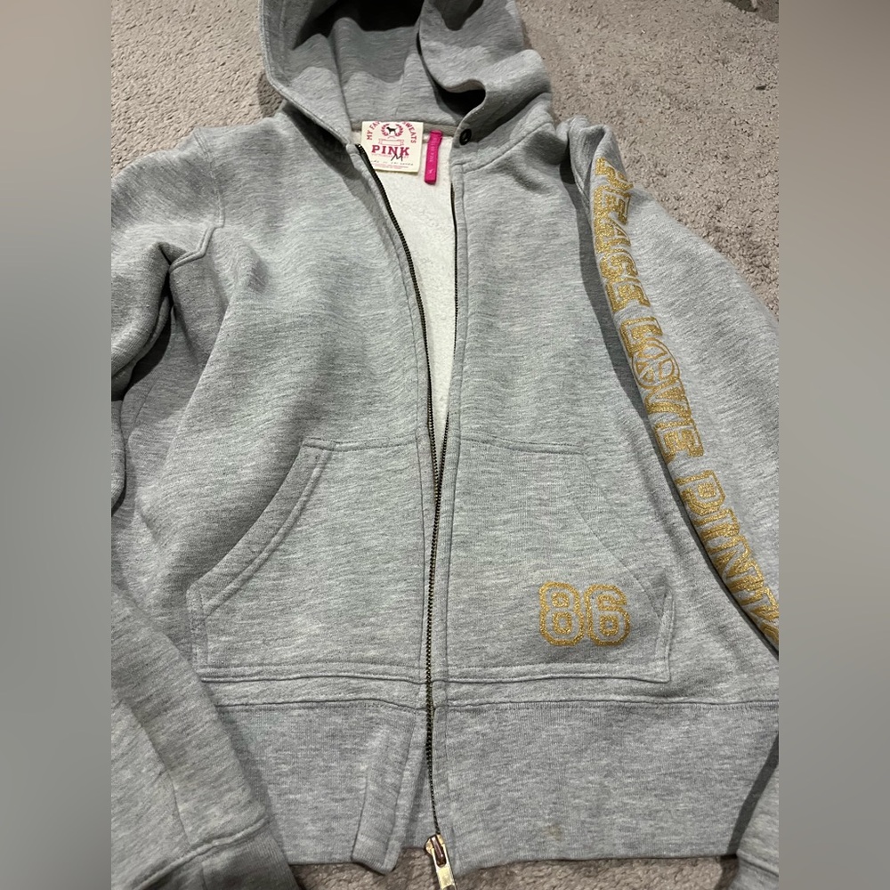 PINK Victoria's Secret Heather Gray Zip Hoodie with Gold Accent